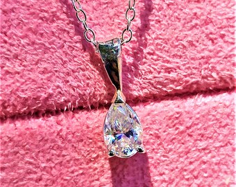 0.50 Ct Pear Cut Diamond Solitaire Set Pendant Necklace, D Color VVS Clarity, Moissanite Diamond, 14k White Gold, Women