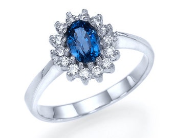 Blue Oval Sapphire With Halo Natural Diamonds Engagement Ring In 14k Gold,1.01 Carat  Unique  Unique Royalty Jewelry Design