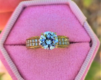 2.36 Carat Diamond Ring, 14K Solid Yellow Gold, Lab Grown Diamond D/VS1, Round Cut Prong Cathedral Setting, Engagement Ring, For Women