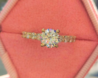 1.80 Ct Round Cut Diamond Engagement Ring, Real Lab Grown Diamond D/VS1, 14k Yellow Gold Solitaire Ring, Pave and Prong Setting, Women
