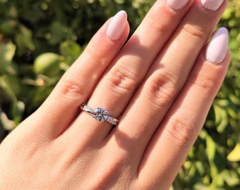 Round Diamond Engagement Ring, Solid 14K White Gold, Certified Lab Created Diamond, Classic Ring For Her, 0.90 Carat D/VS1