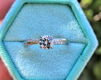Diamond Engagement Ring, Round Cut 0.66 Carat Lab Created Diamonds D/VS1 Clarity, 14K Solid White Gold, Unique Proposal Ring, For Women