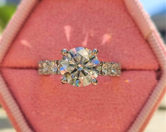 3.40 Carat Diamond Engagement Ring, Real 14k White Gold Solitaire Ring, D/VS1 Clarity Lab Created Diamond, Pave and Prong Set, For Women