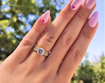 Solid 14K Yellow Gold, 2.86 Carat Lab Grown Diamond Ring, Round Cut Prong Cathedral Setting, Engagement Ring, D/VS1 Jewelry for Her