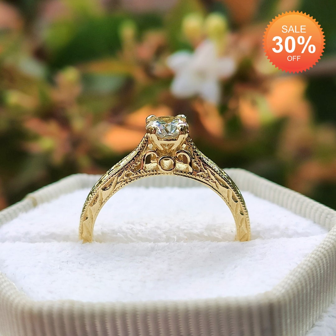 1 Carat Vintage Diamond Ring, 14K Gold Engraved Engagement Ring, Certified Round Lab Created