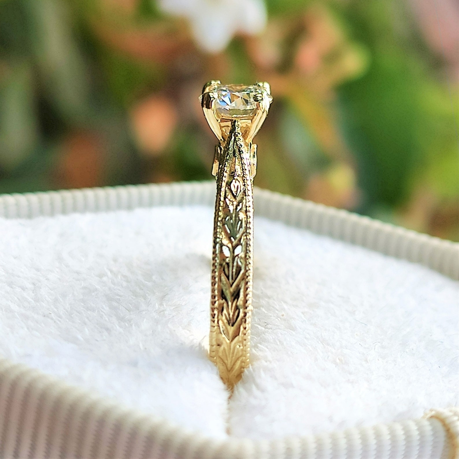 1 Carat Vintage Diamond Ring, 14K Gold Engraved Engagement Ring, Certified Round Lab Created