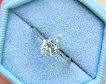 1 Carat Diamond Engagement Ring, Solid 14k White Gold Solitaire Ring, Pear Shape Lab Created Diamond D/VS1, Prong Setting, For Women