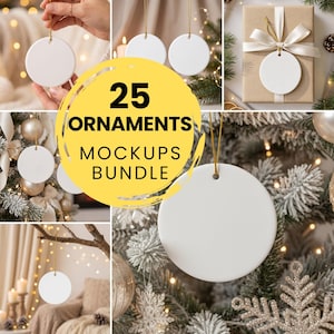 Ensemble de maquettes de décorations de Noël | 25 modèles de décorations rondes en céramique avec ficelle dorée | Décorations de Noël