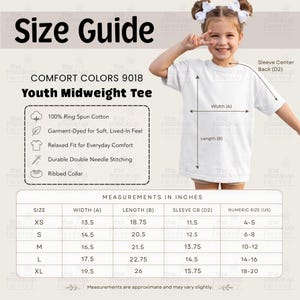 Comfort Colors 9018 Youth T-Shirt Size Chart | Girls CC9018 TShirt Sizing Guide | C9018 Tee Shirt Reference Mock