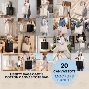 May include: A collection of twenty canvas tote bag mockups featuring various solid black and natural beige cotton bags shown in diverse settings, with the text Liberty Bags OAD113 Cotton Canvas Tote Bag and 20 Canvas Tote Mockups Bundle.