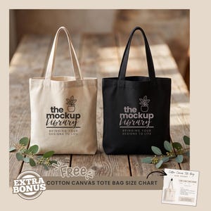 Tote Bag Mockup Natural & Black Cotton Canvas Tote Mockup BONUS Size Chart | Blank POD Tote Bag Mockups Liberty Bags OAD113 Blank Bag Mockup