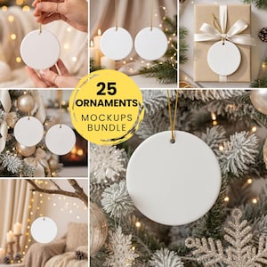 May include: A collection of blank white circular ceramic ornaments featuring a smooth finish and a small hole at the top for hanging. Each ornament is suspended by a thin gold string, presented in various holiday settings including on a gift box.