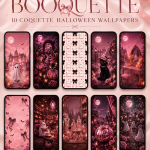May include: A digital collection titled BOOQUETTE 10 COQUETTE HALLOWEEN WALLPAPERS featuring ten smartphone screens displaying pink-themed Halloween imagery including ghosts, black cats, bows, pumpkins, and floral patterns for iPhone and Android.
