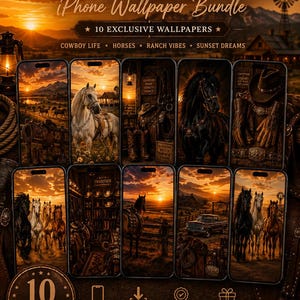 Peut inclure: Un lot numérique de 10 fonds d'écran pour iPhone sur le thème western, avec des chevaux, des paysages de ranch, des équipements de cow-boy et des couchers de soleil. L'image affiche le texte PREMIUM WESTERN SOUL et Live the Western Life.