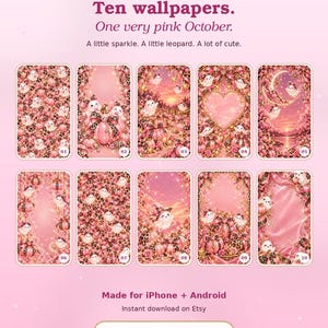 Puede incluir: Diez fondos de pantalla digitales para iPhone y Android con temas rosas, fantasmas, calabazas, estampado de leopardo y lazos. Texto: MEET YOUR NEW LOCK SCREEN, Ten wallpapers. One very pink October. A little sparkle. A little leopard. A lot of cute. Made for iPhone + Android, SHOP THE SET ON ETSY, ROSE MAINARD STUDIO.