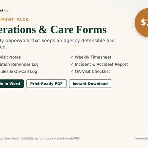 Peut inclure: Un pack de documents numériques intitulé Operations & Care Forms par CarePacket Co. comprend des notes de visite quotidiennes, un journal de rappel de médicaments, des plannings, des feuilles de temps, des rapports d'incidents et des listes de contrôle.