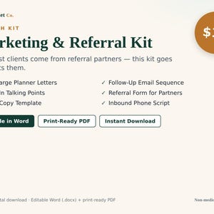 Può includere: Un kit digitale di marketing e referenze di CarePacket Co. che include un elenco di documenti come lettere di dimissioni, punti di discussione, modelli di volantini, sequenze di email, moduli di referenza e script per chiamate in entrata.