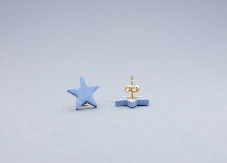 Modern porcelain star post earrings, blue stud earrings, small star earrings image 2