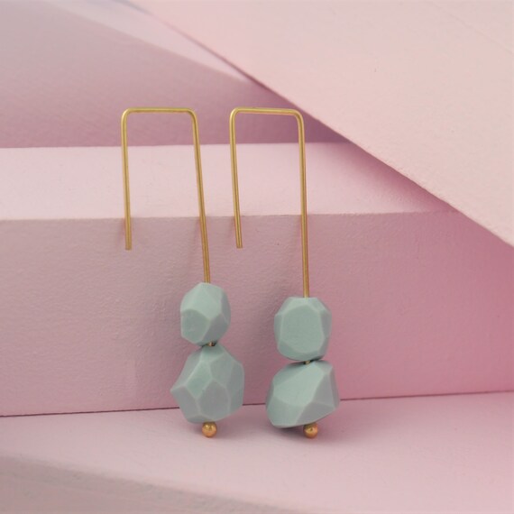 Earrings made of hand faceted colored porcelain beads and gold plated 925 sterling silver, architectural jewelry, minimalist earrings
