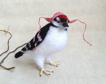 Needle felted birds, Felted birds in a hat Downy Woodpecker Needle felted toys Handmade Wool toys make this item for your order