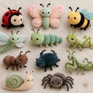 May include: A collection of eleven plush insect toys including a red ladybug, a pink butterfly, a yellow and black bee, a green dragonfly, a green caterpillar, a green grasshopper, a brown ant, a dark blue beetle, a green mantis, a snail, and a spider.