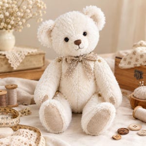 Könnte beinhalten: Ein cremefarbener Plüsch-Teddybär mit dunklen Augen und einer braunen gestickten Nase. Der Bär trägt ein beiges Band mit weißen Punkten um den Hals. Seine Pfoten und Füße haben hellbeige Stoffeinsätze. Ein Maßband ist in der Nähe zu sehen.