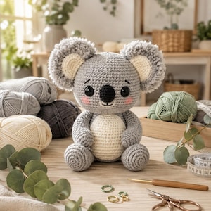 Puede incluir: Un koala de ganchillo hecho con hilo gris y crema, con grandes orejas peludas, ojos negros y mejillas rosadas. El koala está sentado con una barriga redonda, rodeado de ovillos de lana, un ganchillo, unas tijeras y una cinta métrica.