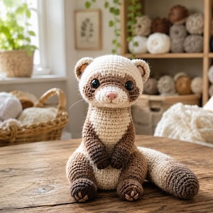 Op de afbeelding: Een handgemaakte gehaakte fret knuffel met een crèmekleurig gezicht en borst, en donkerbruine vacht op de oren, rug en poten. De knuffel heeft zwarte plastic ogen, een kleine roze neus en een lange, dikke, getextureerde staart.