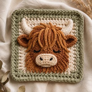 Può includere: Un quadrato all'uncinetto che presenta una testa di mucca Highland tridimensionale al centro. La mucca ha una pelliccia in filato marrone, corna color crema e un muso color crema con occhi e narici ricamati in nero, bordato in verde salvia.