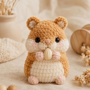 May include: A crocheted hamster figurine featuring light brown and cream yarn, small black bead eyes, pink stitched cheeks, and a small nose. The hamster is holding a single, smooth, light-coloured seed-shaped object between its front paws.