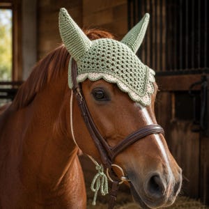 Puede incluir: Una orejera de ganchillo para caballo en color verde claro con un borde festoneado de color crema en la parte inferior. El accesorio cubre las orejas y la frente de un caballo castaño, sujeto con un cordón verde fino a juego bajo la barbilla.
