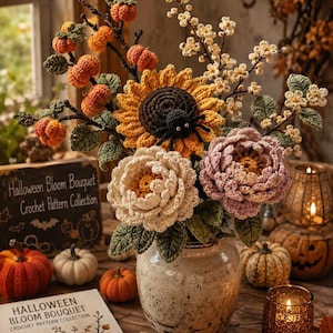 May include: A crochet bouquet in a speckled vase featuring a sunflower with a black spider, a white peony, a mauve peony, and branches with small orange pumpkins and white blossoms. A sign reads Halloween Bloom Bouquet Crochet Pattern Collection.