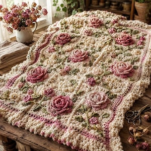 May include: A cream-colored crochet blanket featuring intricate three-dimensional rose motifs in shades of pink and deep rose, accented with green crocheted leaves and vines. The textile has a textured, open-work pattern throughout the design.