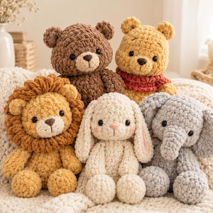 May include: A collection of five crocheted plush toys including a brown bear, a yellow bear with a red scarf, a golden lion with a full mane, a cream-colored rabbit with long ears, and a gray elephant, all featuring black safety eyes.