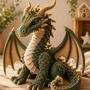 May include: A crocheted dragon figurine featuring a dark green body with textured scale-like stitching, a cream-colored underbelly, and tan accents on the horns, wings, and tail. The creature has large dark eyes and a detailed, multi-layered wing design.