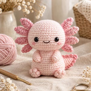 Peut inclure: Une peluche axolotl crochetée rose clair avec une tête ronde, des yeux en perles noires, un petit sourire brodé et trois branchies externes plumeuses de chaque côté de la tête. La créature a de petits bras, des pattes trapues et une queue texturée.