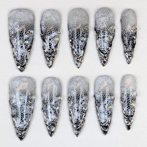 Dark Black Lace Long Stiletto Press On Nails,Glitter Gradient with 3D Metal Silver Emo Hardcore Punk Vibe Nails for Holday, Party,Birthday