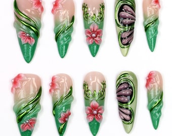 Długie, 3D, kwiatowe, rzeźbione paznokcie w szpilkach, zielone, różowe, gradientowe sztuczne paznokcie, kwiatowe paznokcie, vintage'owe, kwiatowe paznokcie na imprezę, prezent, ślub