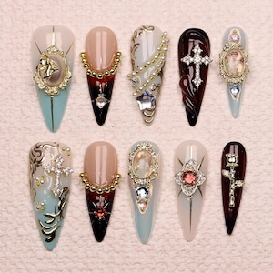 Cross with Angel Design Press On Nails Custom Handpainted Chrome Aurora Virgin Mary Long Stiletto Nails Christmas Birthday Vacation Holiday