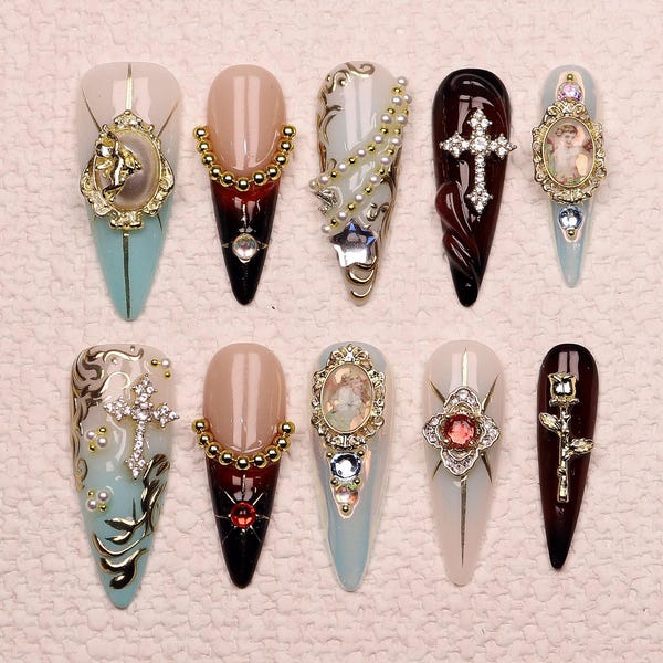 Cross with Angel Design Press On Nails Custom Handpainted Chrome Aurora Virgin Mary Long Stiletto Nails Christmas Birthday Vacation Holiday