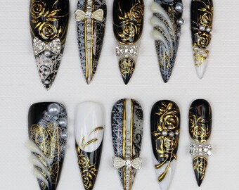 Vintage Elegant baroque Stiletto Press-On Nails,3d Black Gold Rose Lace Pearl Bow Embellished Luxury Romantic Party Fake Nails,Wedding Nails