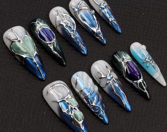 Ongles à presser stylets gothiques : miroir Aurora foncé, oeuvres d'art bleu argent 3D