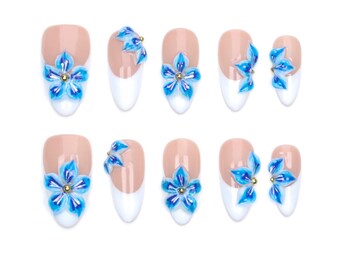 3D Blue Floral Press On Nails,White French Tip Almond Nails,Hand Painted Flower Fake Nails,Summer Nails,Acrylic Fake,Holiday Nails,y2k nails