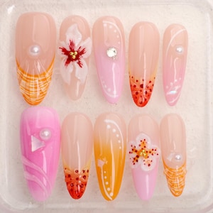 Benutzerdefinierte 3D Blumenpresse auf den Nägeln, handgemachte Nägel, tropisches 3D-Nail-Art-Set, Acryl-Fake, Feiertagsnägel, y2k-Nägel, einzigartige Blumenpress-Ons