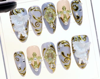 3D Cross with Angel Design Press On Nails Custom Handpainted Chrome Golden Luxe Royal Medium Almond Birthday Vacation Holiday Gift for Her