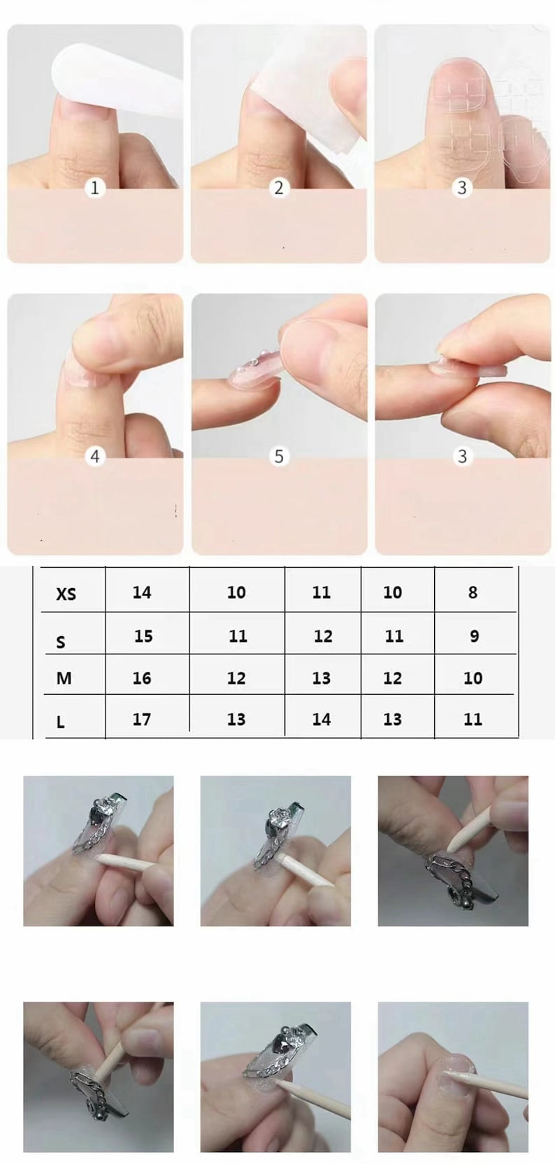 Pu&ograve; includere: Istruzioni per l'applicazione di unghie finte. I passaggi mostrano come preparare l'unghia, applicare l'adesivo e premere l'unghia. &Egrave; inclusa una tabella delle taglie con misure in centimetri. L'immagine finale mostra una persona che usa un bastoncino di legno per spingere l'unghia verso il basso.