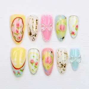 Hand-Painted Floral Press On Nails: Y2K Reusable Almond Nail Set