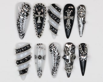 Chrome Cross Long Stiletto Press On Nails,3D Centipede Nails,Gothic-inspired Fake Nail,Goth nail,Metallic Silver Nail,Punk Nails,Gyaru Nails