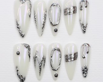 White Stiletto Press On Nails: Gothic Silver Aurora 3D Nail Art