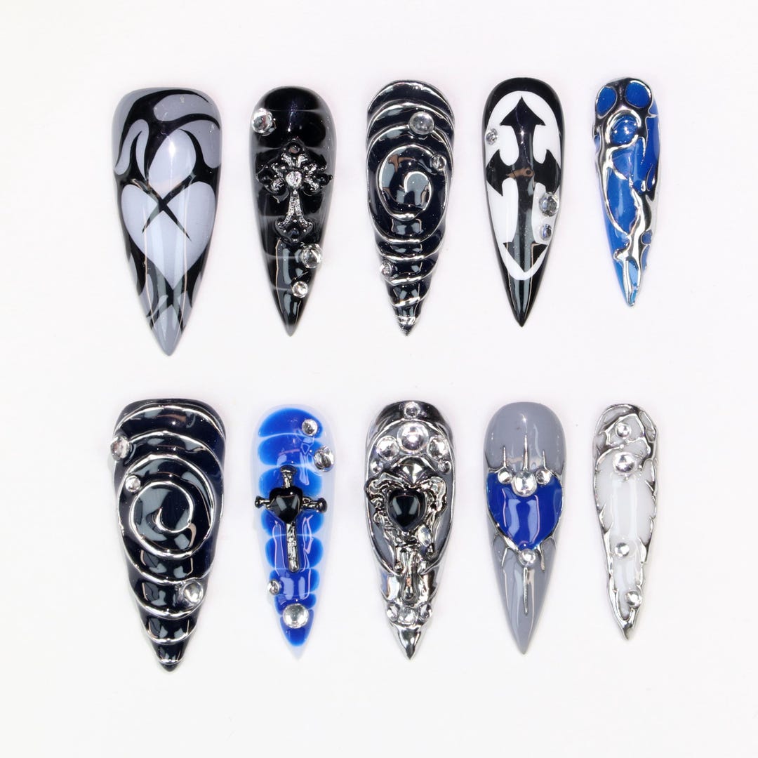 Cyber Goth 3D Metal-embedded Press on Nails,black Blue Spiral & Cross ...